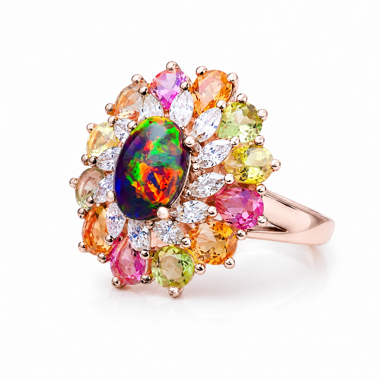 Natural Black Australian Fire Opal Ring with Multicolor Sapphires in 925 Sterling Silver