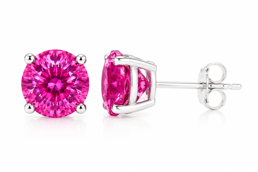 1 CT Pink Moissanite Stud Earrings featuring VVS1 Round Brilliant Cut Pink Moissanite set in 925 Sterling Silver