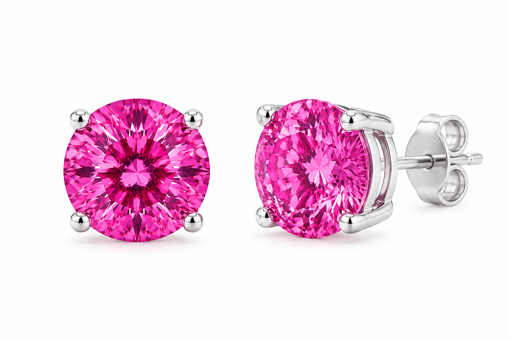 1 CT Pink Moissanite Stud Earrings featuring VVS1 Round Brilliant Cut Pink Moissanite set in 925 Sterling Silver