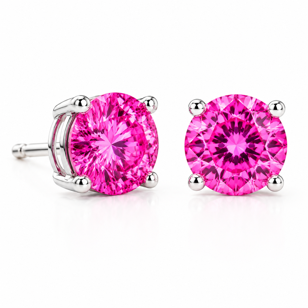 1 CT Pink Moissanite Stud Earrings featuring VVS1 Round Brilliant Cut Pink Moissanite set in 925 Sterling Silver