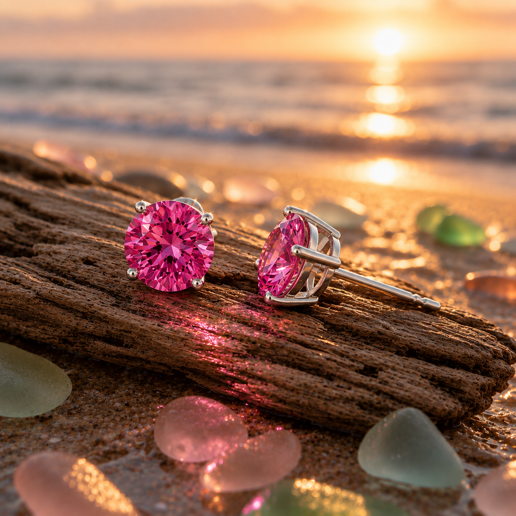 1 CT Pink Moissanite Stud Earrings featuring VVS1 Round Brilliant Cut Pink Moissanite set in 925 Sterling Silver