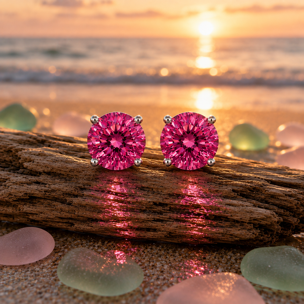 1 CT Pink Moissanite Stud Earrings featuring VVS1 Round Brilliant Cut Pink Moissanite set in 925 Sterling Silver