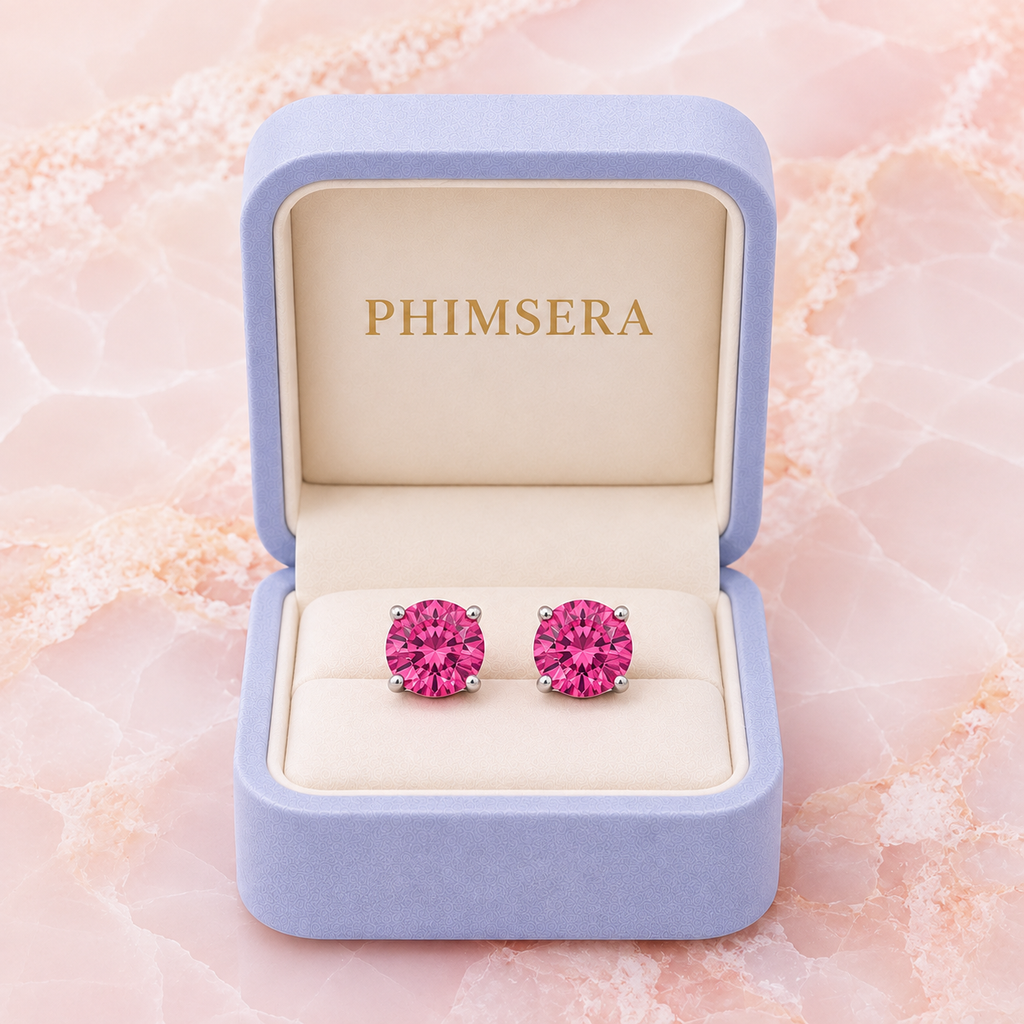 1 CT Pink Moissanite Stud Earrings featuring VVS1 Round Brilliant Cut Pink Moissanite set in 925 Sterling Silver