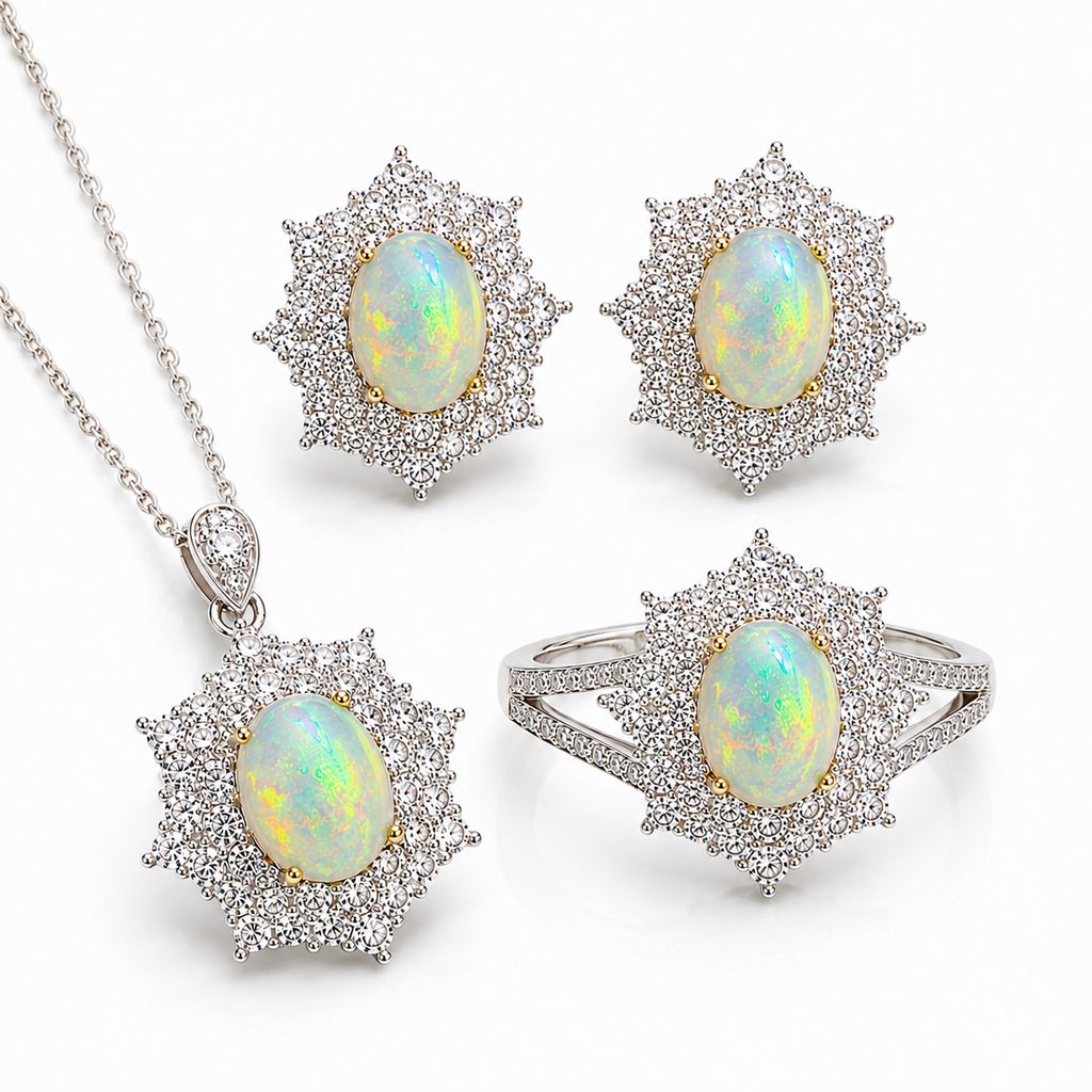 Australian Opal Jewelry Set, Opal Pendant, Opal Ring, and Opal Earring Set 6x8mm