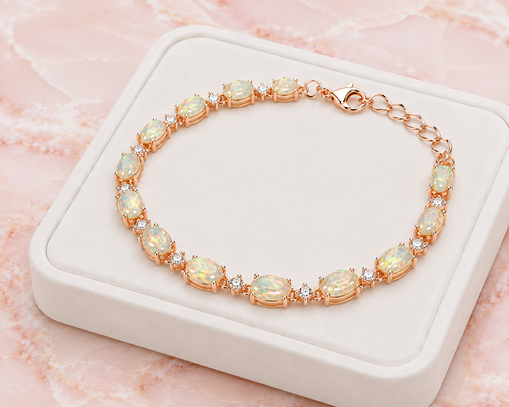 Fire opal tennis bracelet displayed on luxury jewelry tray