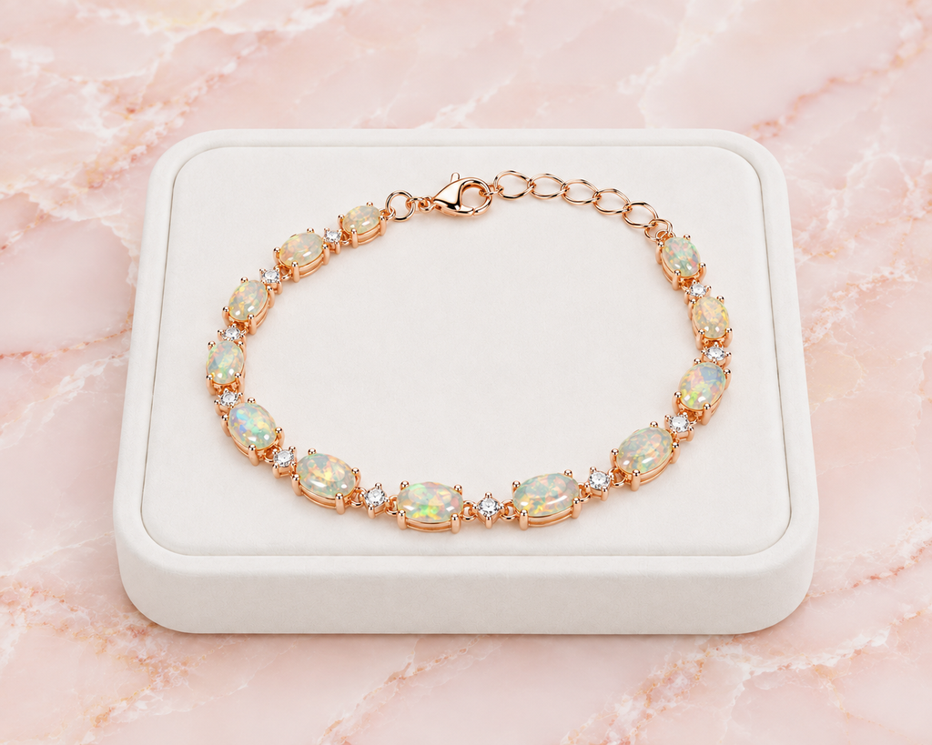 Fire opal tennis bracelet displayed on luxury jewelry tray