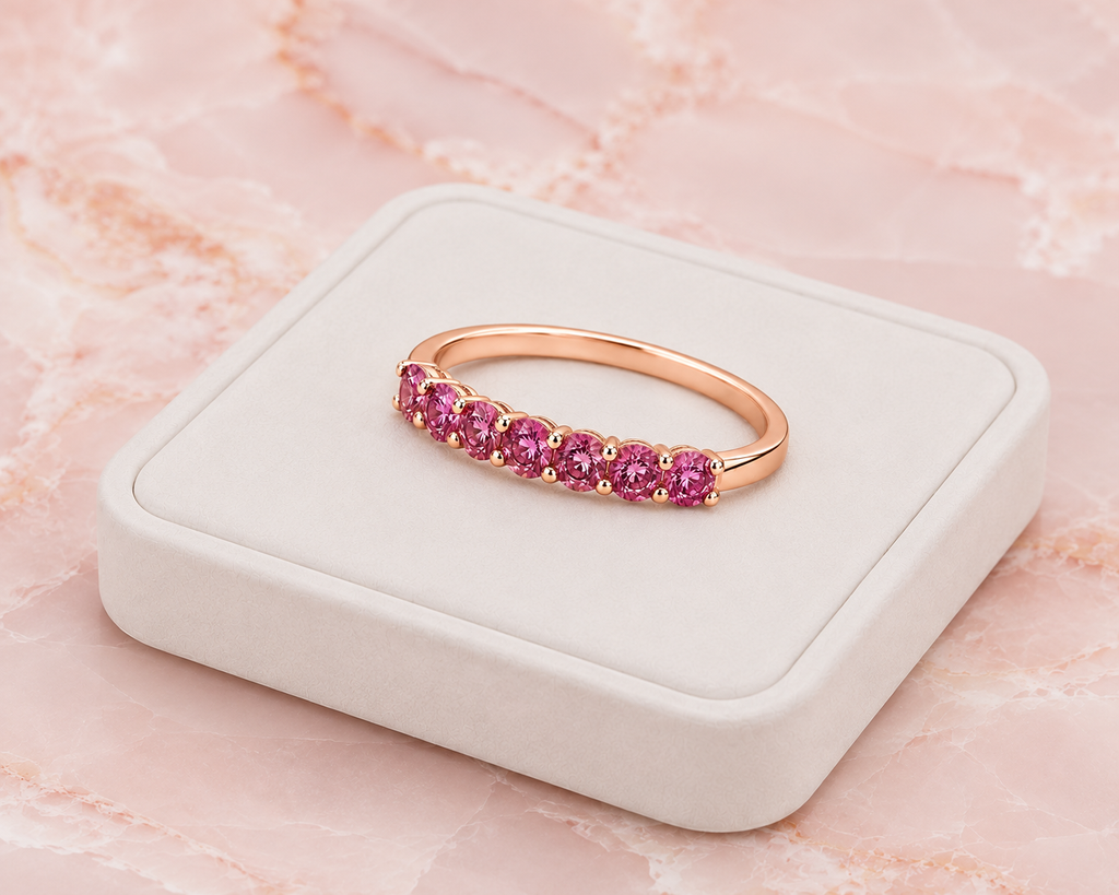 Natural Pink Garnet half eternity ring featuring seven genuine 3mm round pink garnets in rose gold plated 925 sterling silver on a marble background.