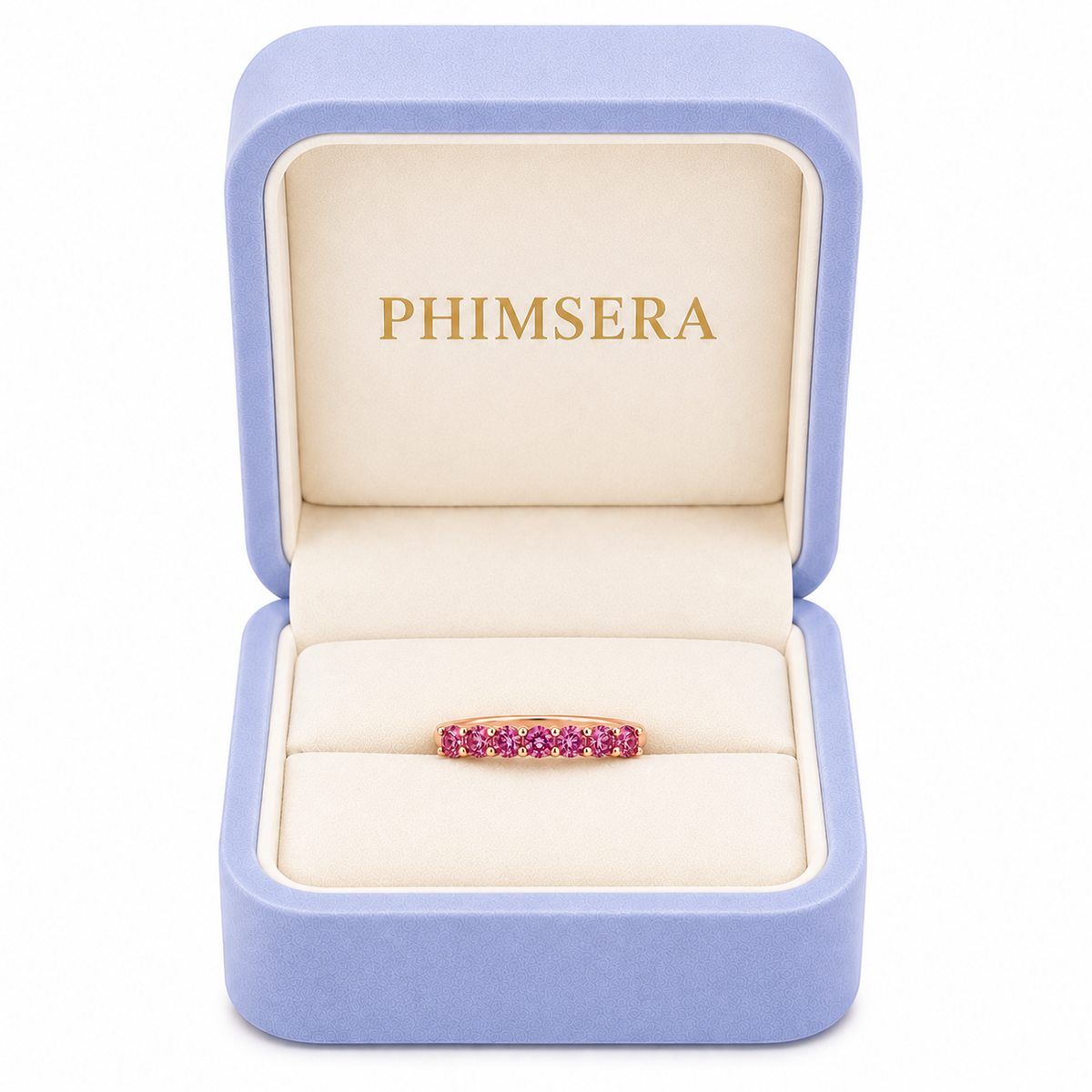 Natural Pink Garnet half eternity ring featuring seven genuine 3mm round pink garnets in rose gold plated 925 sterling silver on a white background in Phimsera box.