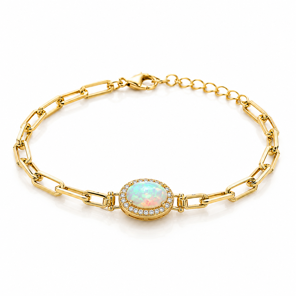  Angled view of Natural Fire Opal Paperclip Chain Bracelet with halo design in Gold Plated Sterling Silver