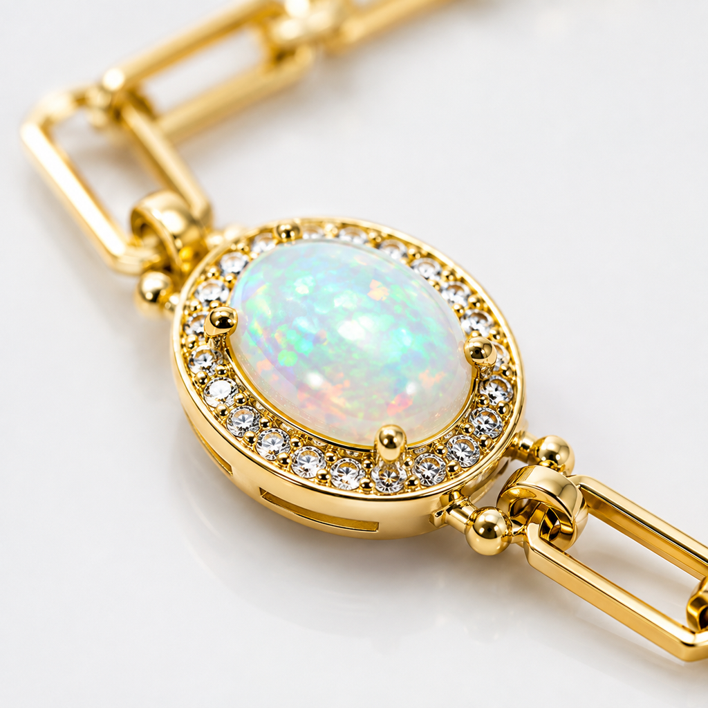 Macro photograph of Natural Fire Opal displaying vibrant flashes of orange, green, yellow, and pink with sparkling cubic zirconia halo