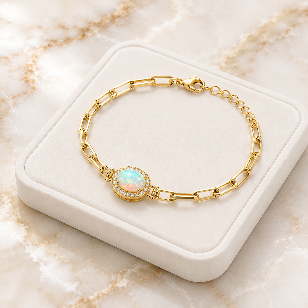  Luxury jewelry tray presentation of Natural Fire Opal Paperclip Chain Bracelet on marble background