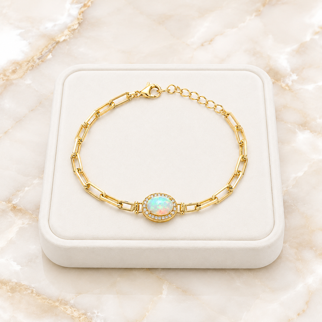  Luxury jewelry tray presentation of Natural Fire Opal Paperclip Chain Bracelet on marble background