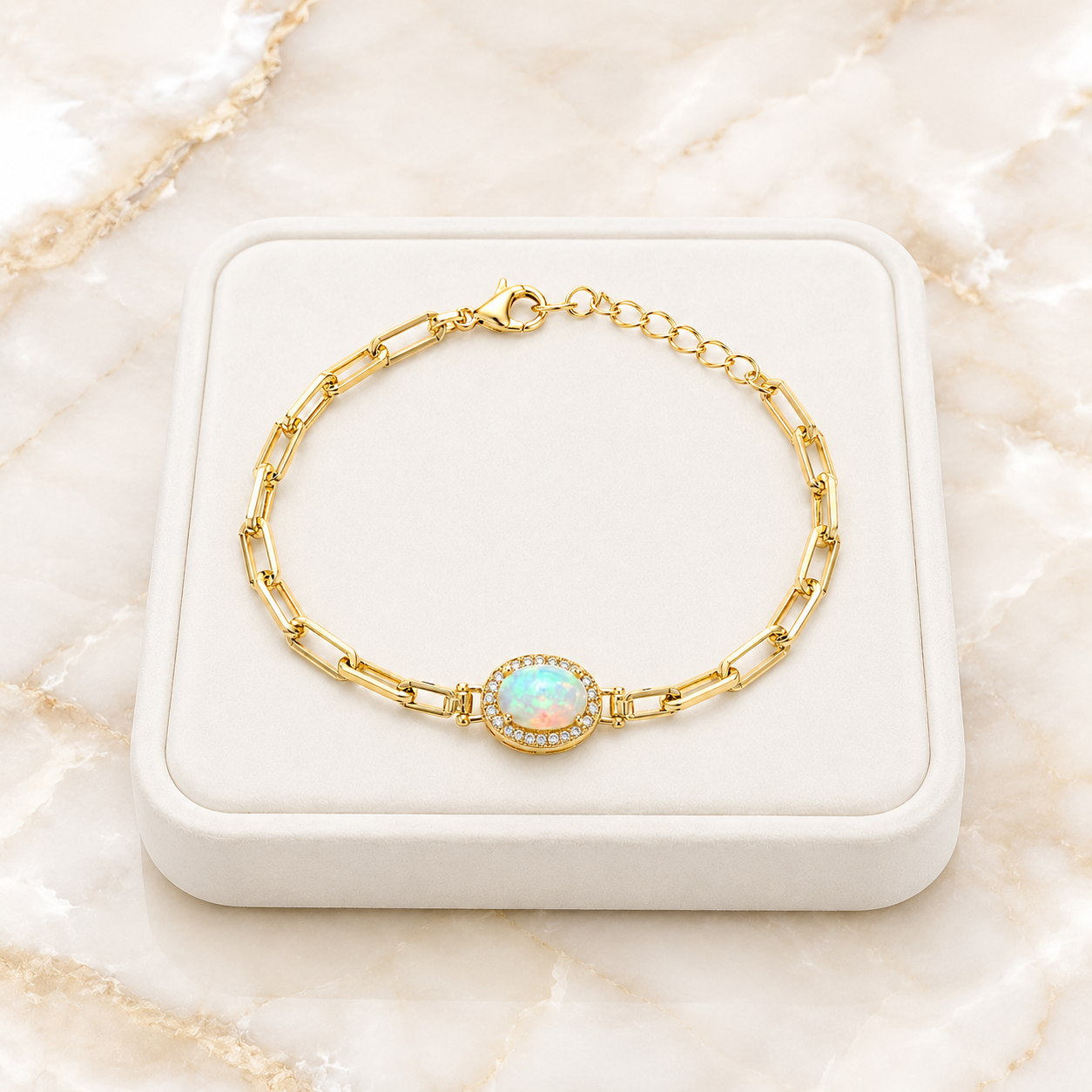 Luxury jewelry tray presentation of Natural Fire Opal Paperclip Chain Bracelet on marble background