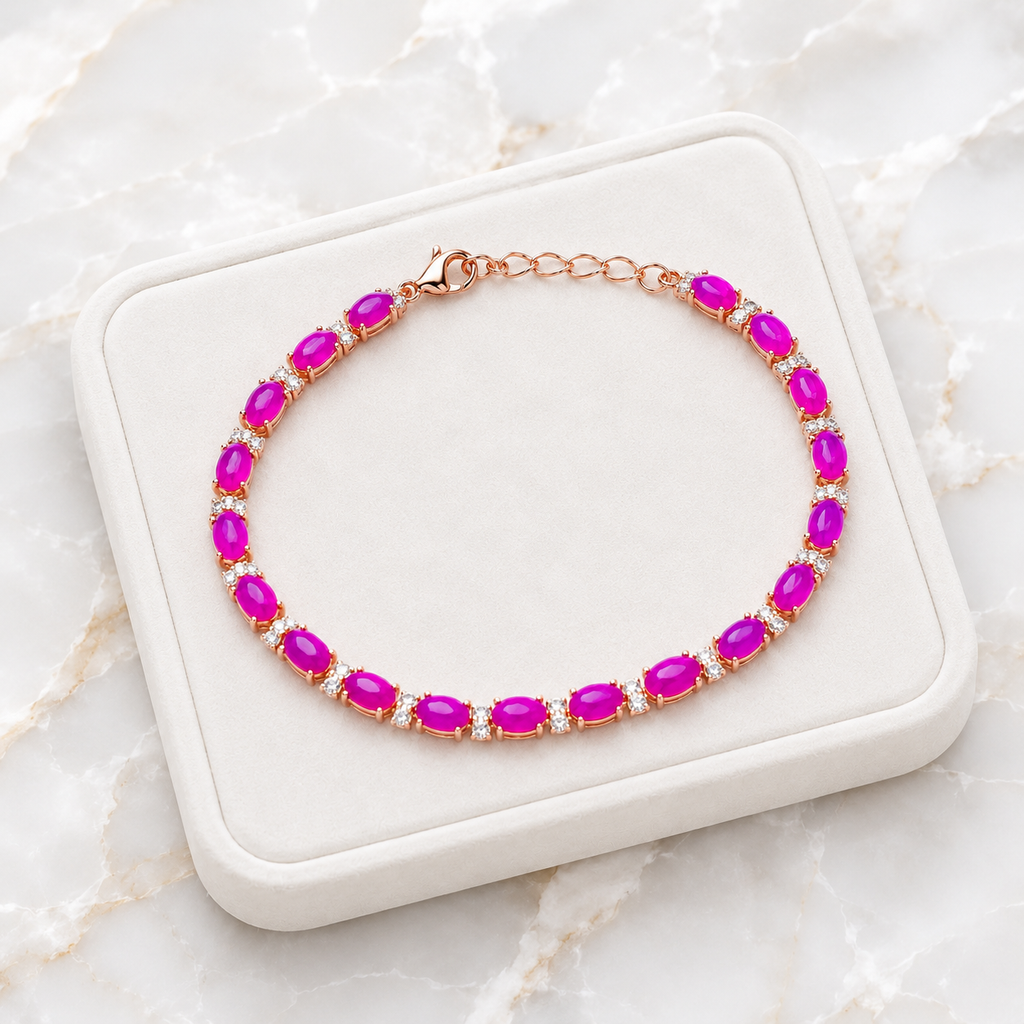 Purple Fire Opal Bracelet Displayed on Luxury Jewelry Tray