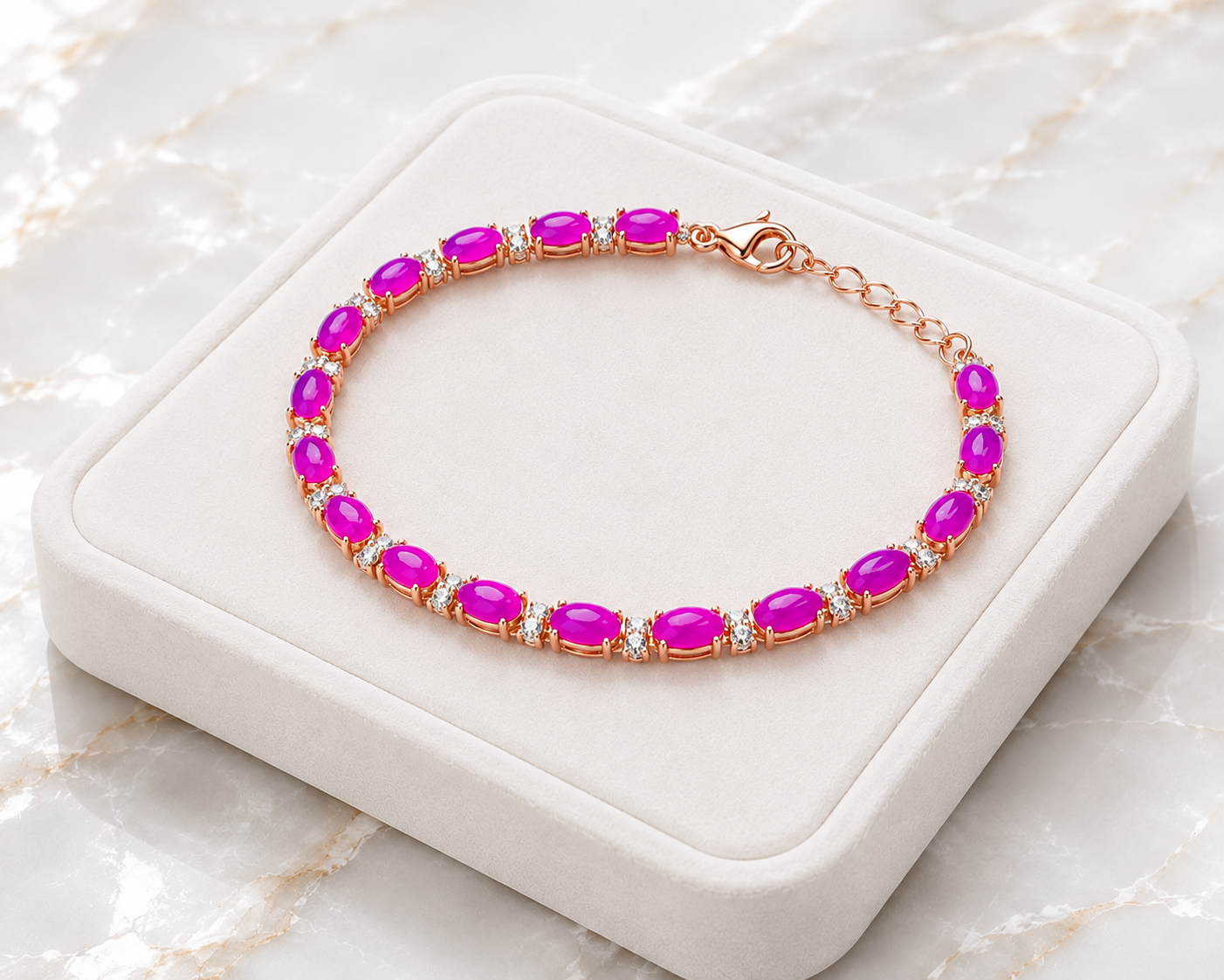 Purple Fire Opal Bracelet Displayed on Luxury Jewelry Tray