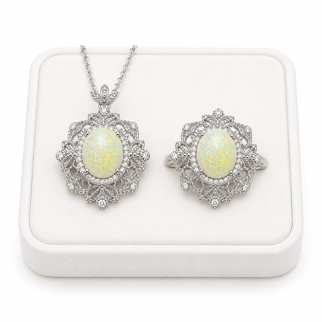Natural Fire Opal jewelry set with matching 8x10mm oval fire opal ring and pendant necklace in 925 sterling silver