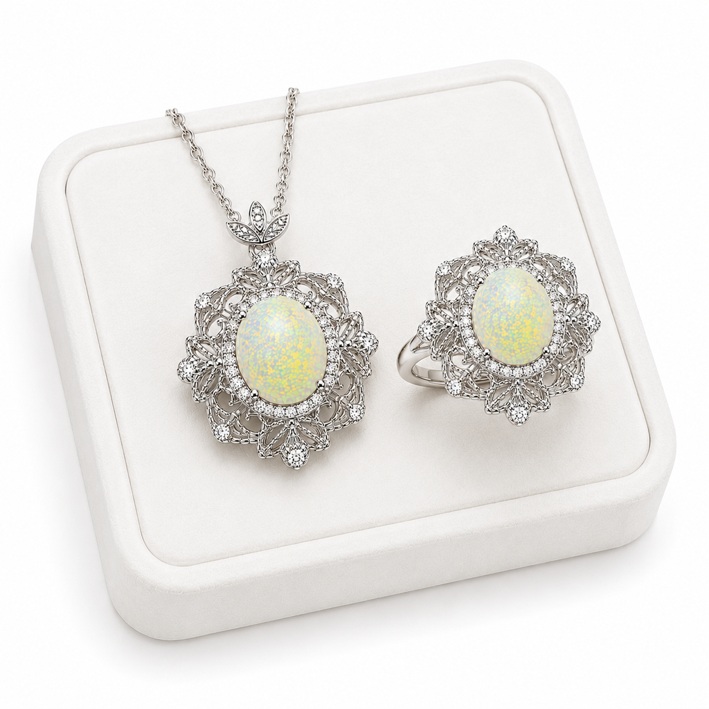 Natural Fire Opal jewelry set with matching 8x10mm oval fire opal ring and pendant necklace in 925 sterling silver