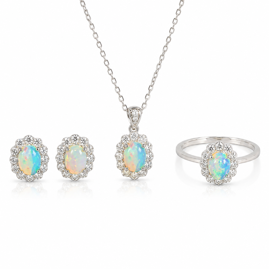 Natural 5x7mm Fire Opal jewelry set with matching ring, stud earrings and pendant necklace in 925 sterling silver