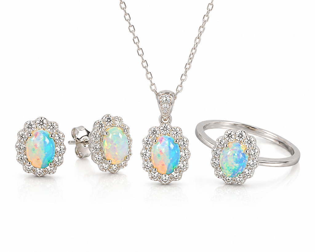 45-degree view of natural Fire Opal jewelry set with matching halo ring, earrings and pendant necklace
