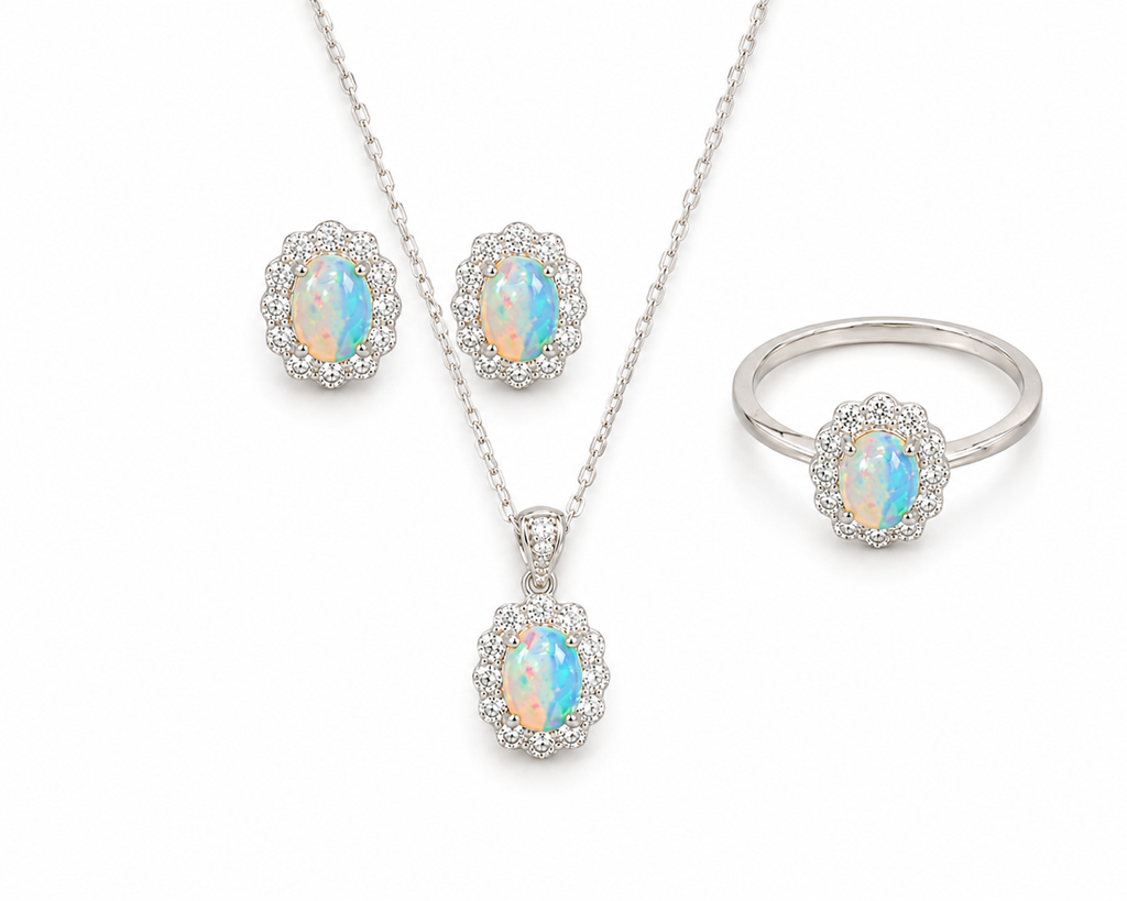 Top view of 5x7mm oval Fire Opal jewelry set in sterling silver