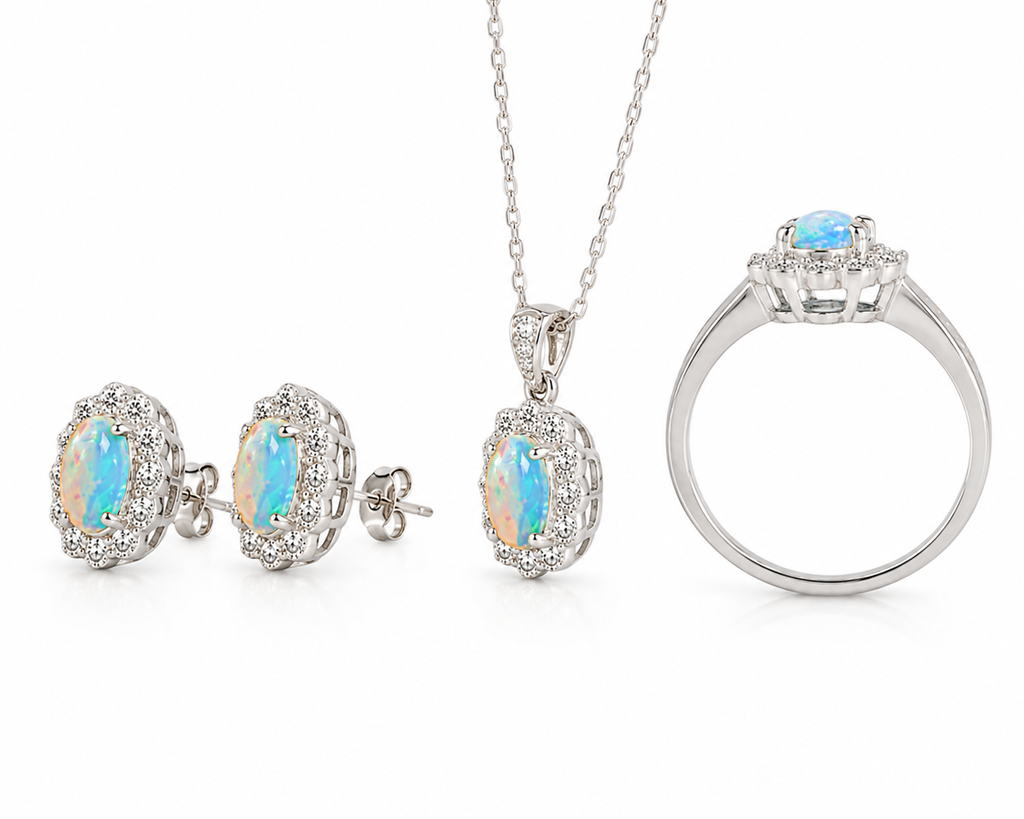 Side profile of matching Fire Opal jewelry set showing ring, earrings and pendant gallery details