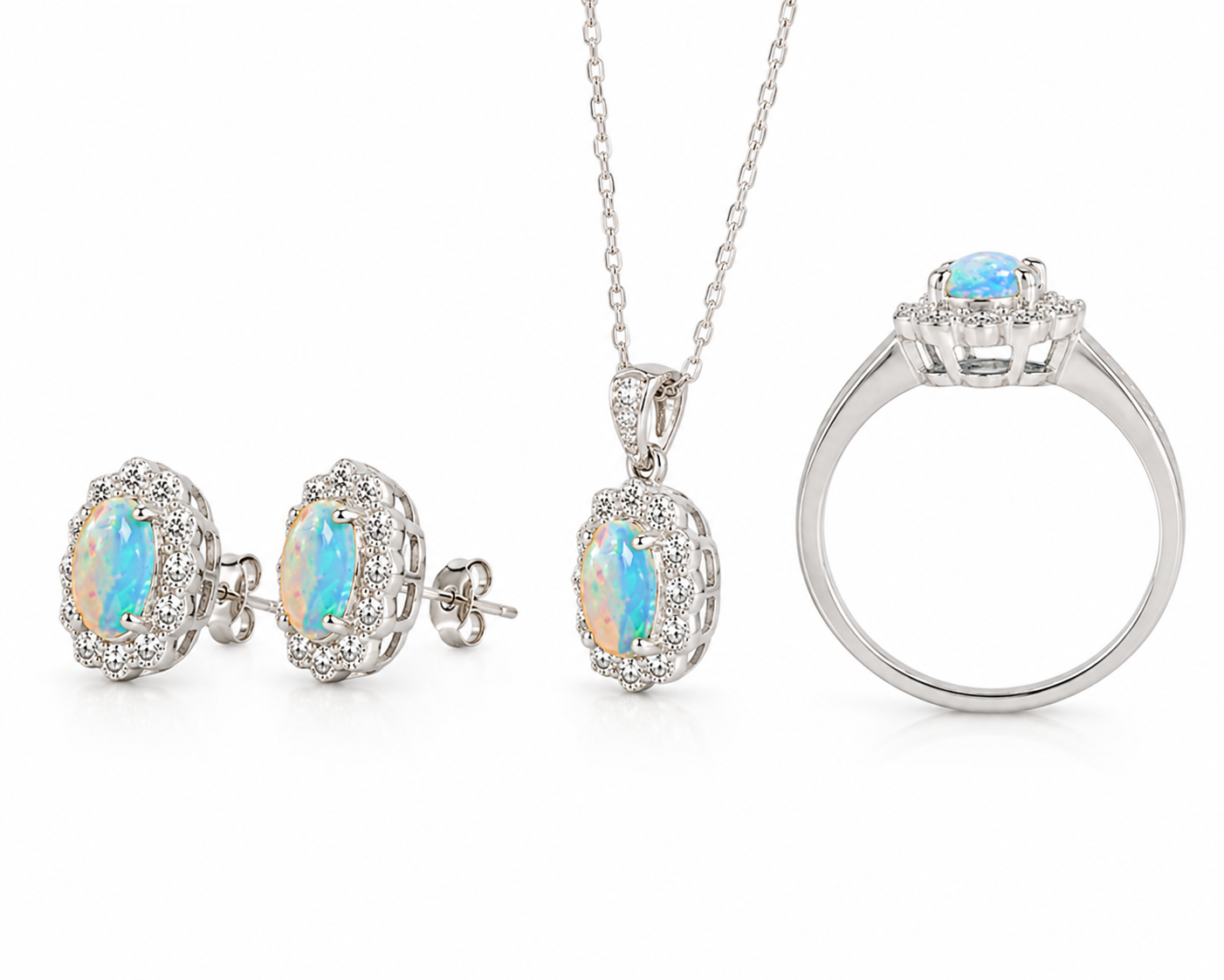 Side profile of matching Fire Opal jewelry set showing ring, earrings and pendant gallery details