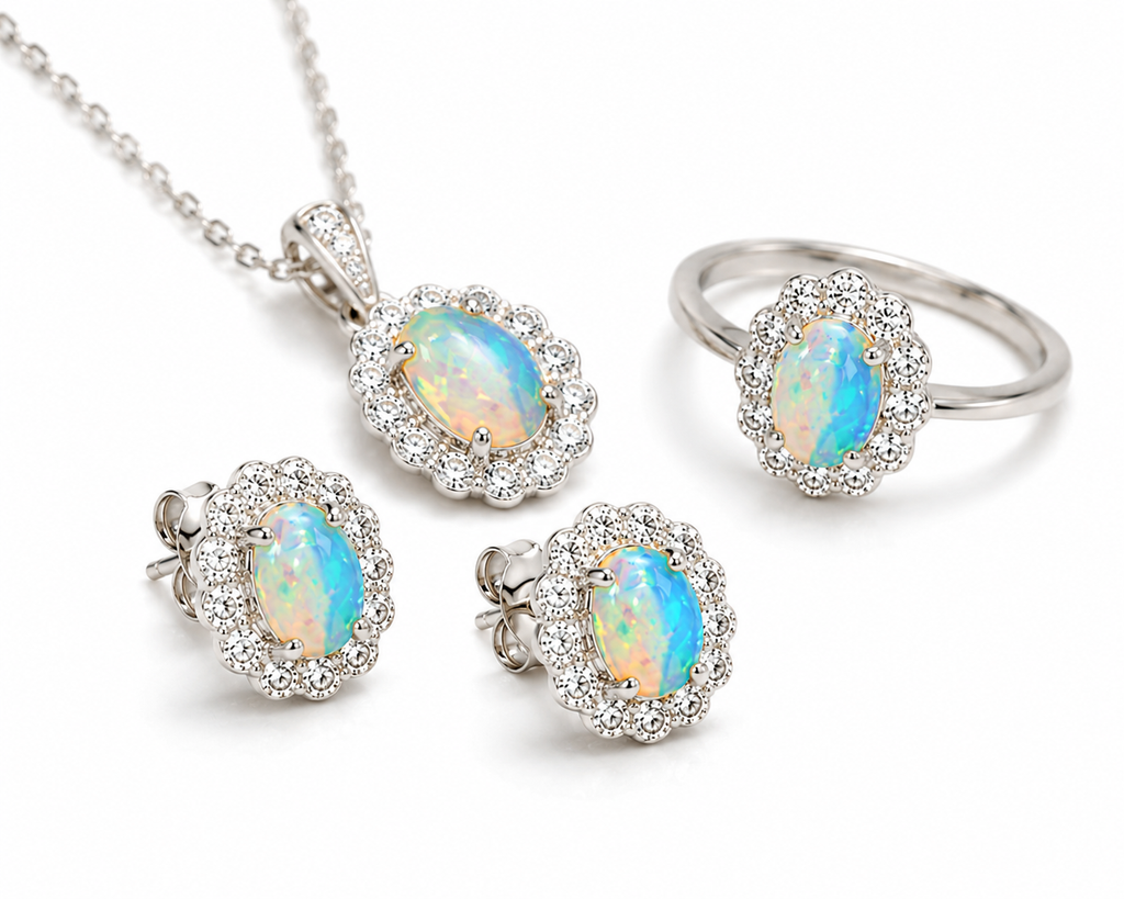 Macro close-up of natural Fire Opal gemstones displaying vivid play-of-color and sparkling halo accents