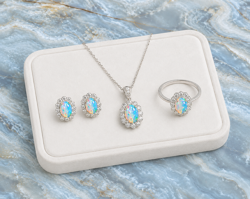 Fire Opal jewelry set displayed on luxury jewelry tray over marble background