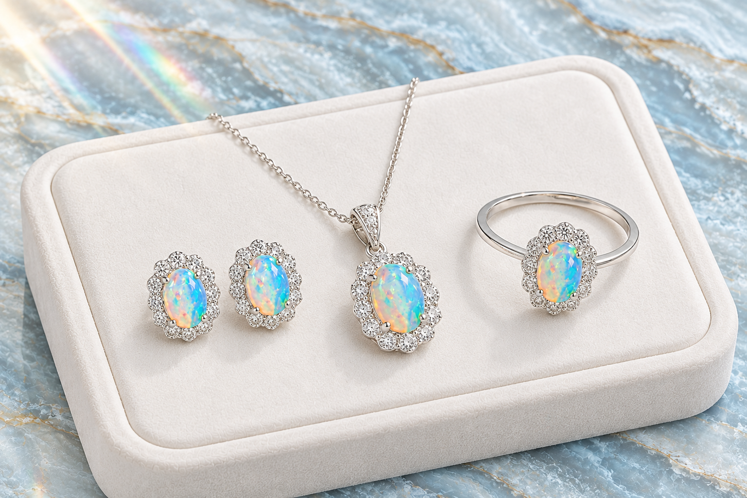 Fire Opal jewelry set displayed on luxury jewelry tray over marble background