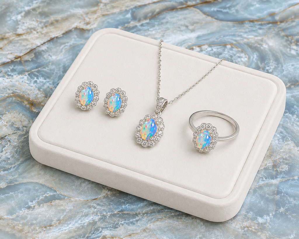 Fire Opal jewelry set displayed on luxury jewelry tray over marble background