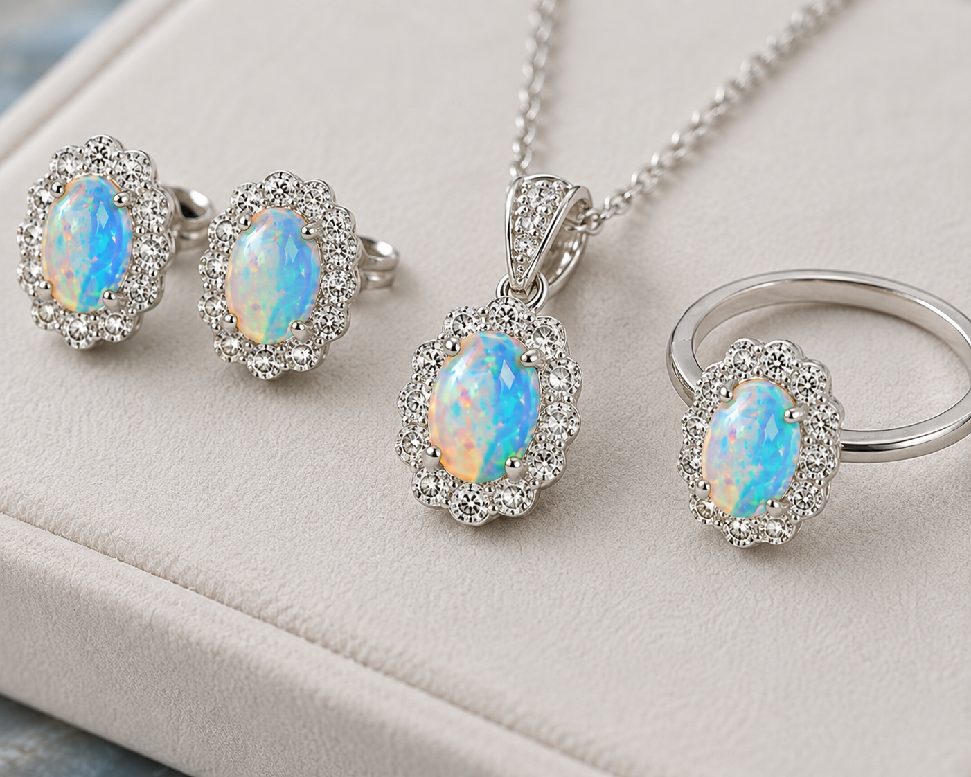 Fire Opal jewelry set displayed on luxury jewelry tray over marble background
