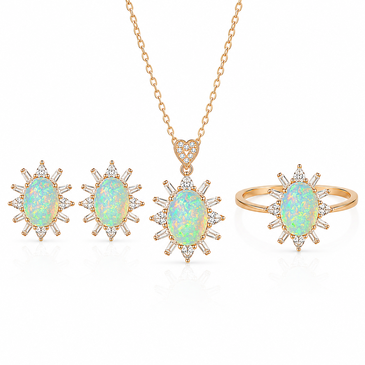 Natural 6x8mm Fire Opal jewelry set with matching ring, stud earrings and pendant necklace in 925 sterling silver