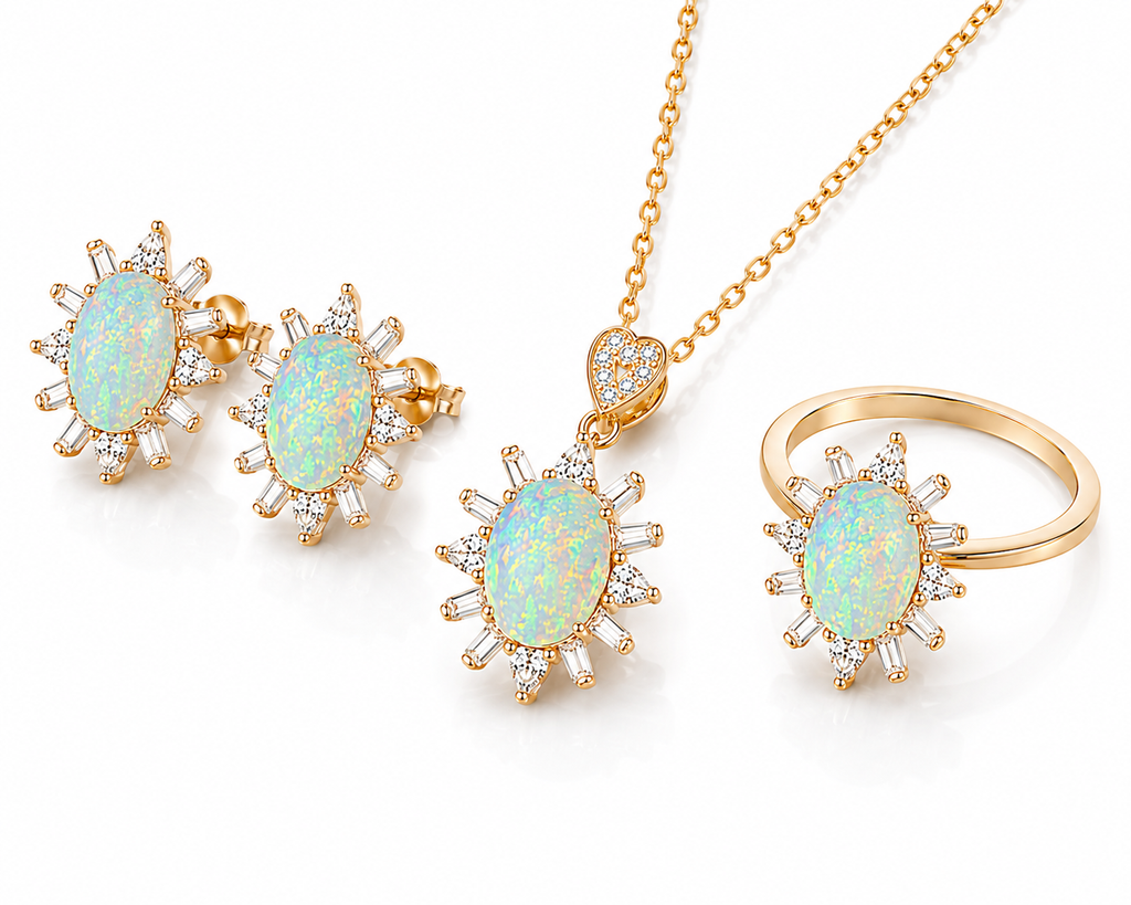 45-degree view of natural Fire Opal sunburst jewelry set