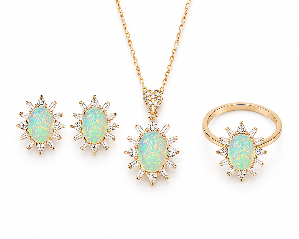 Top-down view of matching Fire Opal ring, earrings and pendant necklace