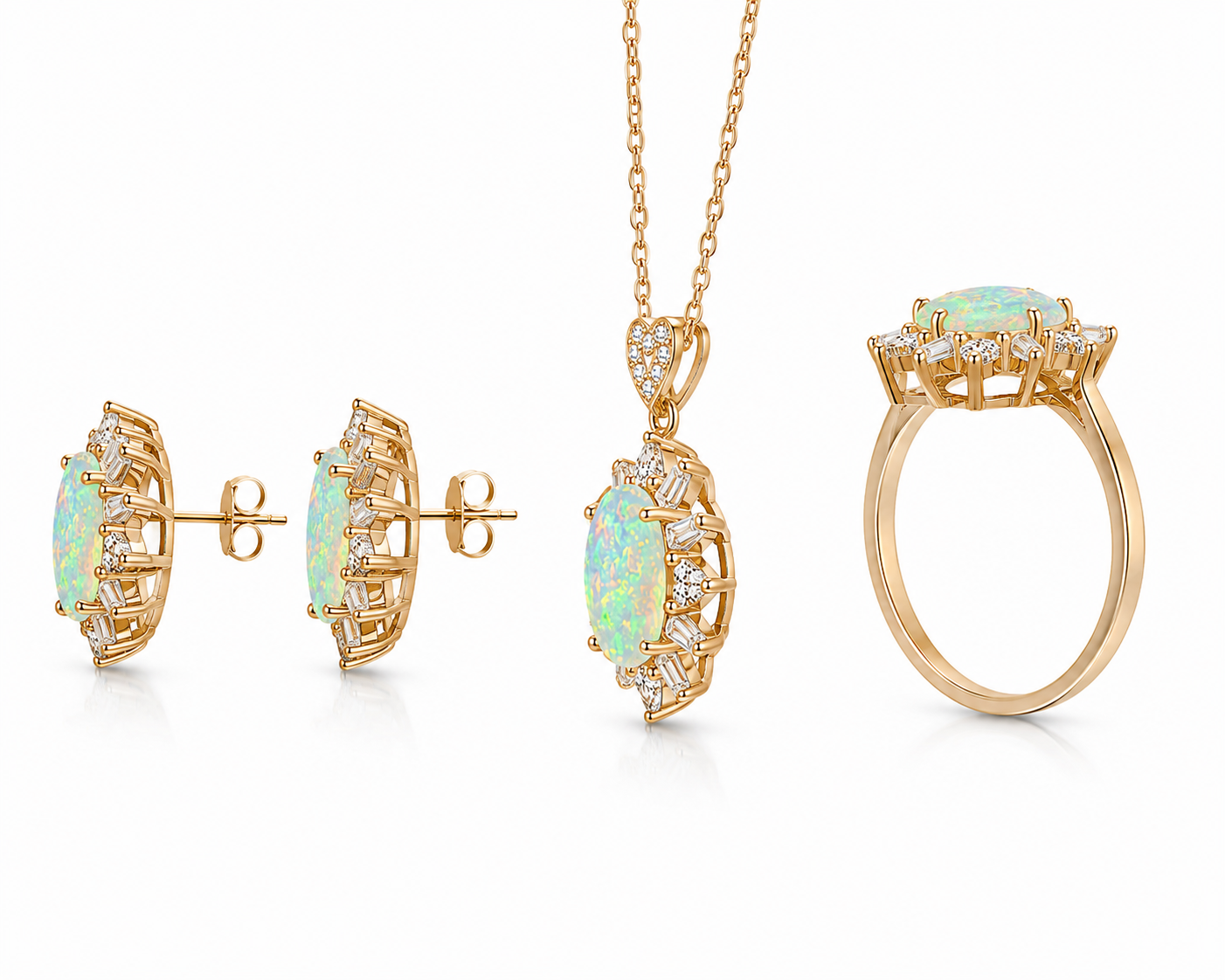 Side profile showing the sunburst halo setting of the Fire Opal jewelry set