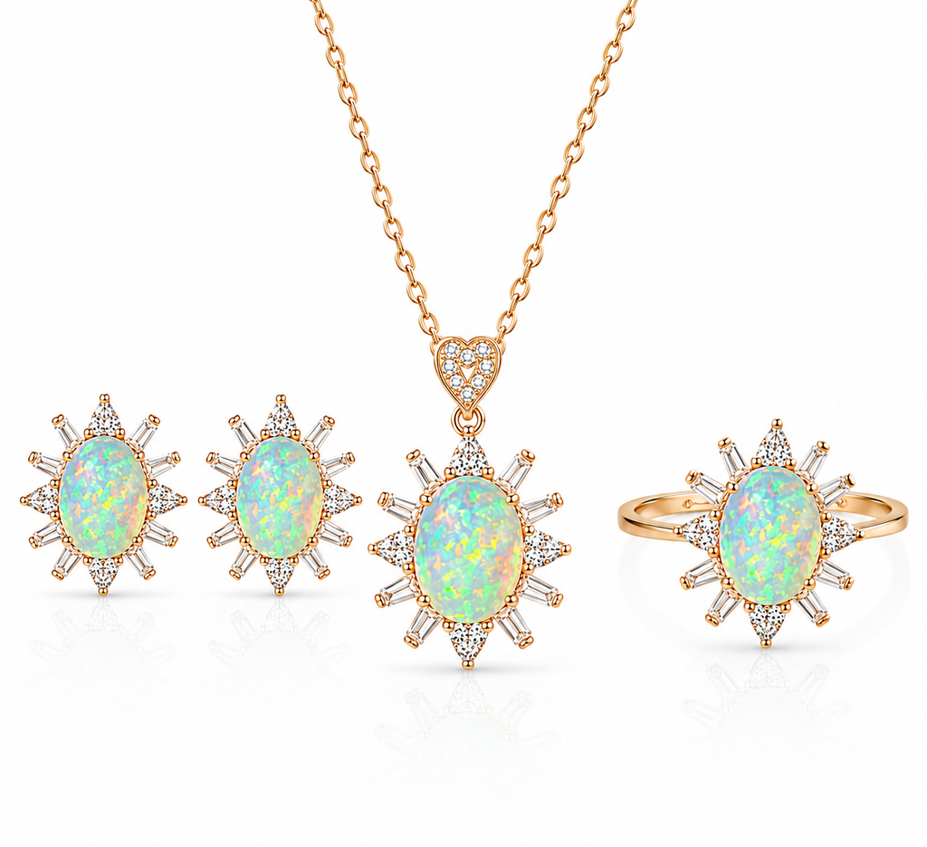 Natural 6x8mm Fire Opal jewelry set with matching ring, stud earrings and pendant necklace in 925 sterling silver