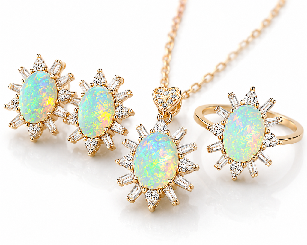 Macro close-up of natural 6x8mm Fire Opals displaying vivid green, blue, orange and yellow play-of-color
