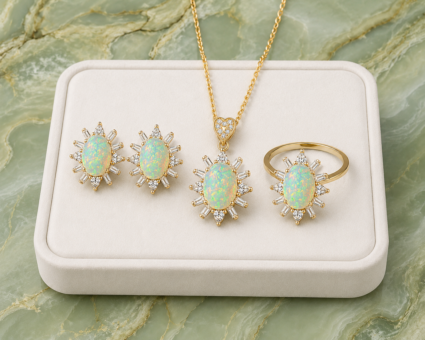 Fire Opal jewelry set displayed on a premium jewelry tray over a marble background