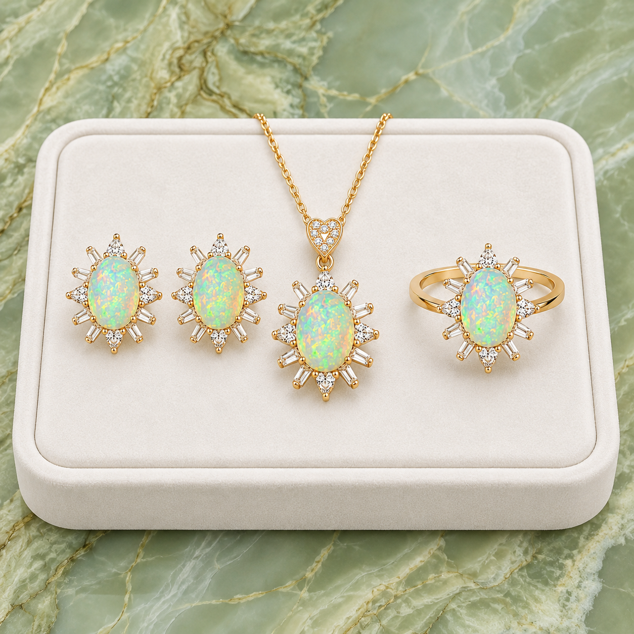 Fire Opal jewelry set displayed on a premium jewelry tray over a marble background