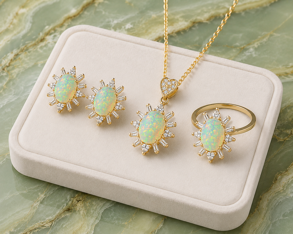 Fire Opal jewelry set displayed on a premium jewelry tray over a marble background