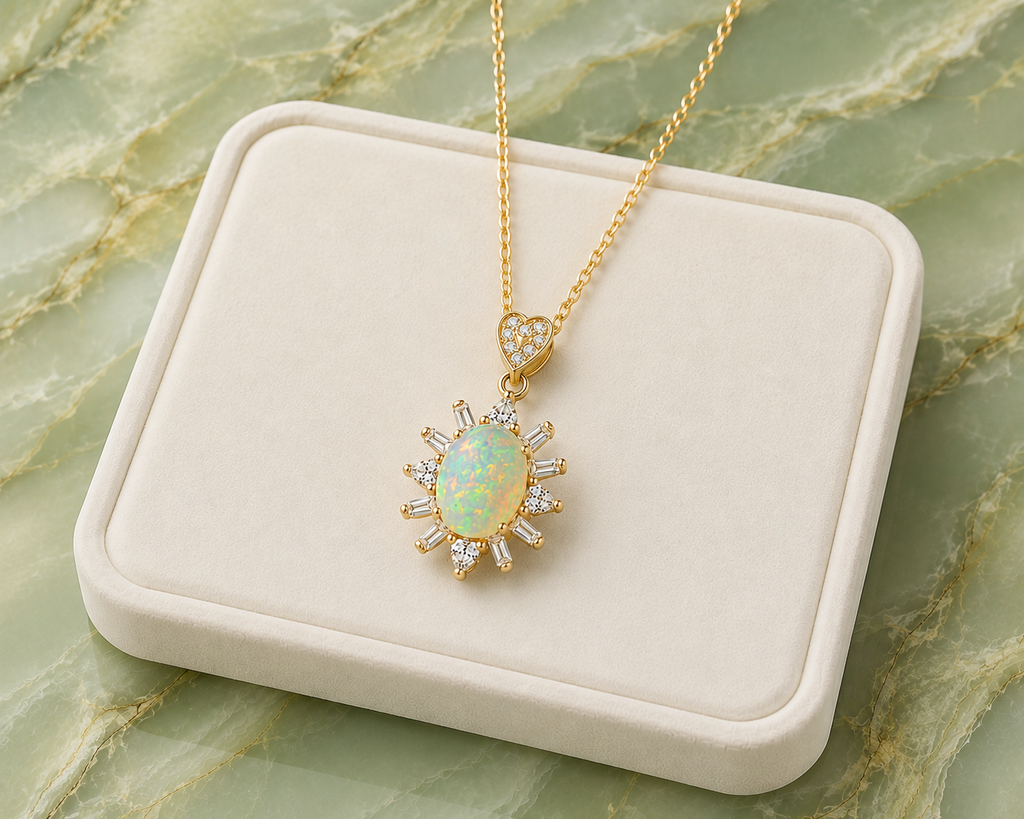 Fire Opal necklace displayed on a premium jewelry tray over a marble background