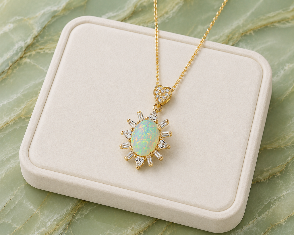 Fire Opal necklace displayed on a premium jewelry tray over a marble background