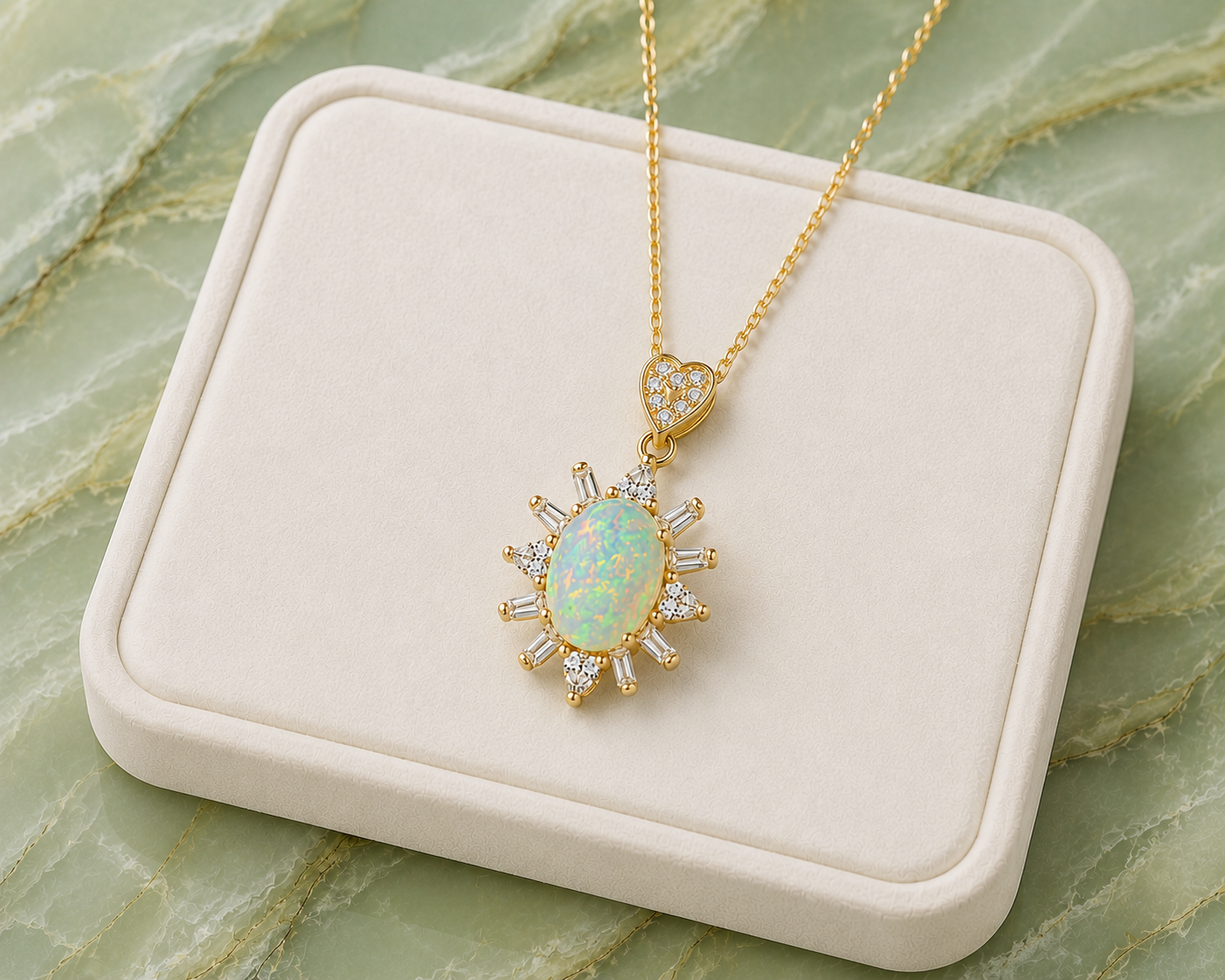 Fire Opal necklace displayed on a premium jewelry tray over a marble background