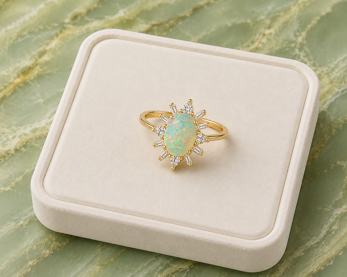 Fire Opal ring displayed on a premium jewelry tray over a marble background