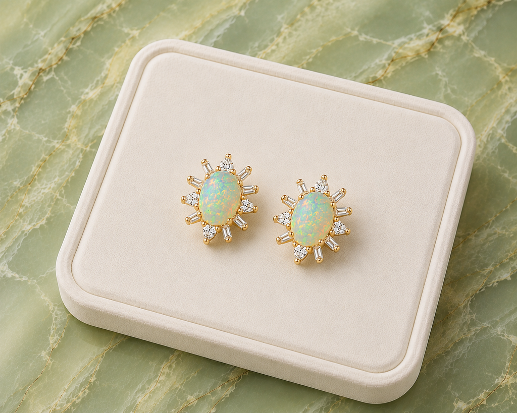 Fire Opal earrings displayed on a premium jewelry tray over a marble background