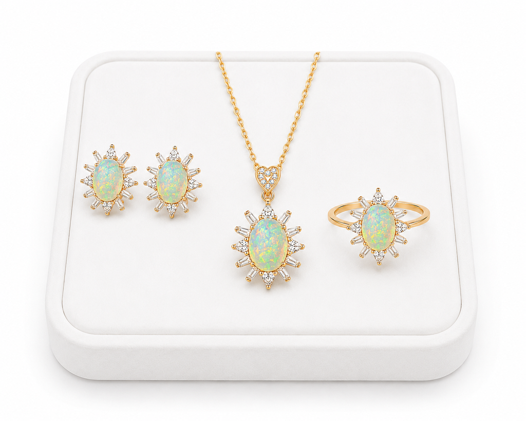 Fire Opal jewelry set displayed on a luxury white tray with a white background