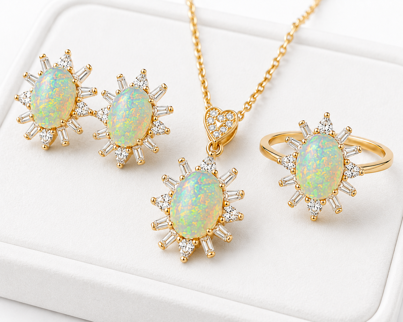 Fire Opal jewelry set displayed on a luxury white tray with a white background