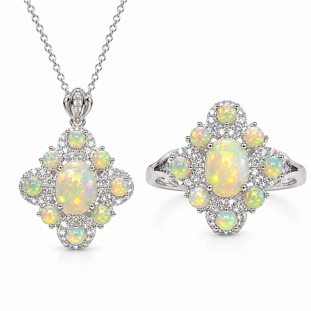 Elegant Fire Opal ring and pendant jewelry set with natural 3mm fire opal accents and sparkling cubic zirconia.