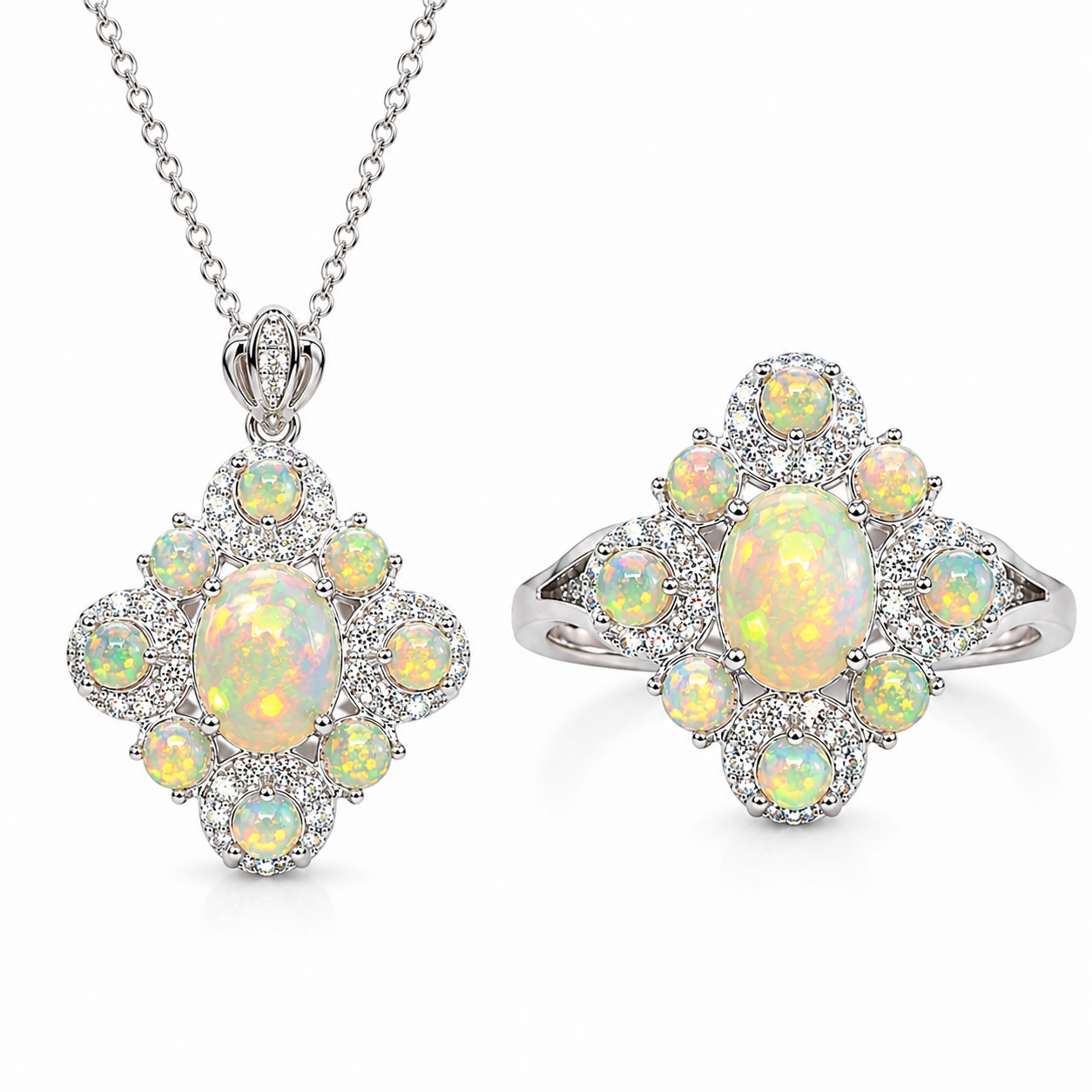 Elegant Fire Opal ring and pendant jewelry set with natural 3mm fire opal accents and sparkling cubic zirconia.