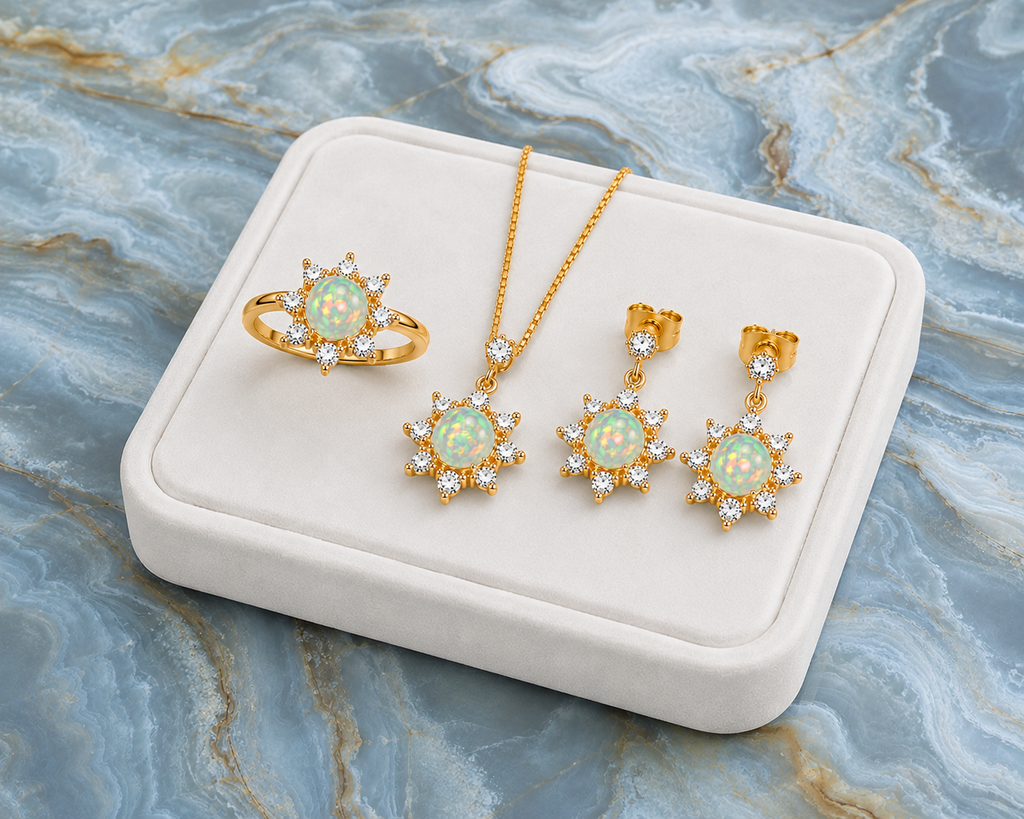 Natural Fire Opal Jewelry Set, Fire Opal Ring, Earrings, and Pendant Set 5mm